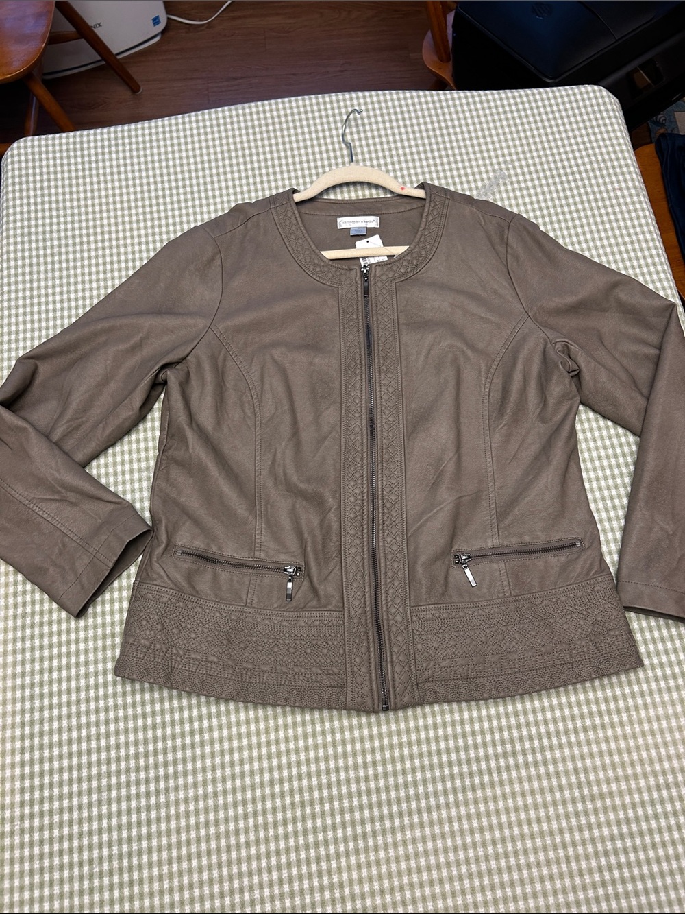 Christopher & Banks Faux Leather Taupe Jacket Women’s Zip‑Front Size L